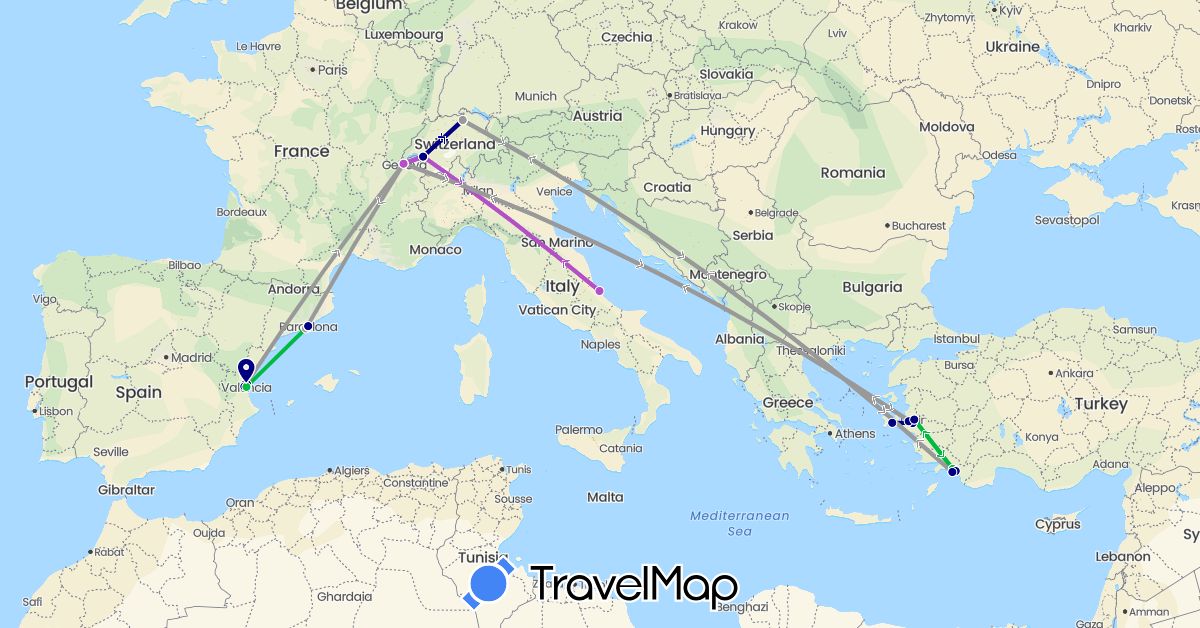 TravelMap itinerary: driving, bus, plane, train in Switzerland, Spain, Italy, Turkey (Asia, Europe)